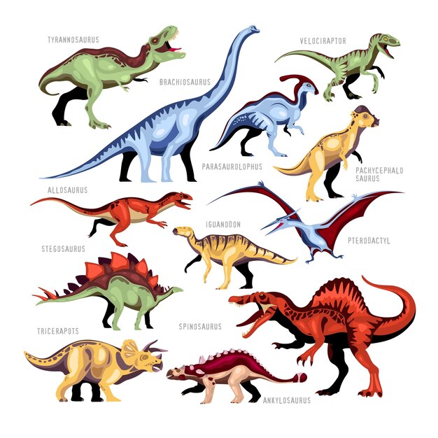 Conjunto de dibujos animados de color de dinosaurio de diferentes tipos de personas fósiles jurásicos con descripción ilustración vectorial aislada