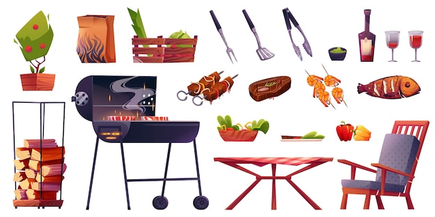 Vector gratuito conjunto de dibujos animados de comida y muebles para picnic barbacoa