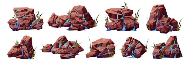 Vector gratuito conjunto de dibujos animados de corrientes de agua sobre piedras rotas