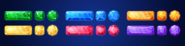 Conjunto de dibujos animados de cristales de juego aislados en la oscuridad