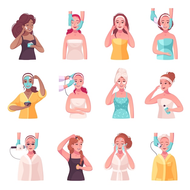 Conjunto de dibujos animados para el cuidado de la piel con 12 mujeres aplicando crema hidratante de máscara obteniendo ilustración de vector de tratamiento facial de salón de spa
