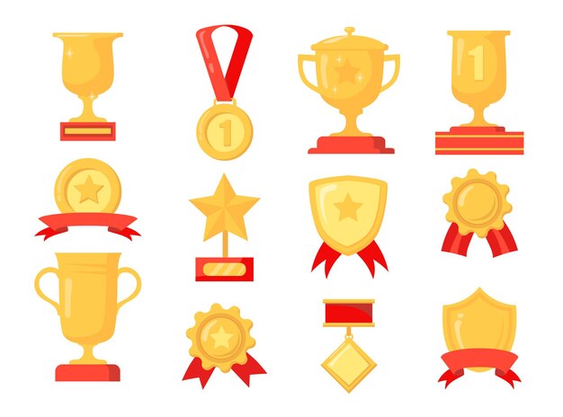 Conjunto de dibujos animados de diferentes premios de oro para el ganador. Ilustración plana.