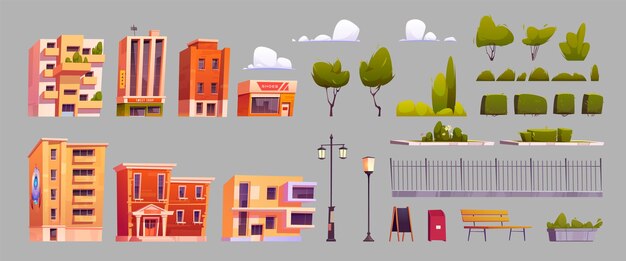 Conjunto de dibujos animados de elementos de diseño de calles de la ciudad