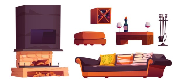 Conjunto de dibujos animados de elementos de diseño de interiores de chalet
