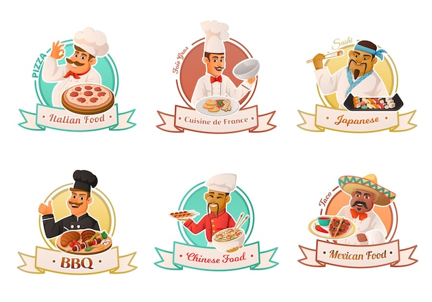 Conjunto de dibujos animados de emblema de chef