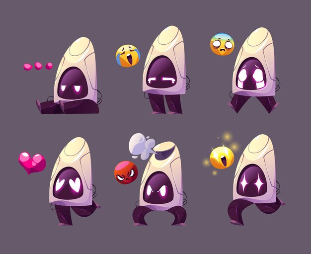 Conjunto de dibujos animados de emociones de robot Ilustración vectorial de llanto pensativo triste asustado enojado sorprendido en el amor chatbot sentado de pie y corriendo aislado en el fondo Divertido personaje de mascota ai