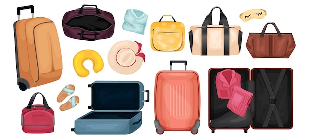 Conjunto de dibujos animados de equipaje de viaje de bolsas de viaje y maletas turísticas sobre ruedas ilustración vectorial aislada