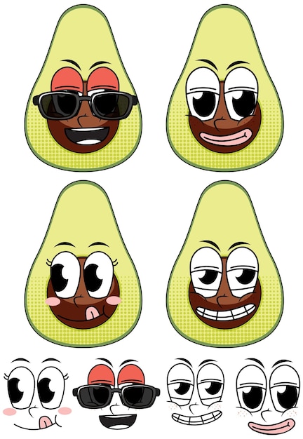 Vector gratuito conjunto de dibujos animados de estilo vintage de expresión facial con aguacate en w