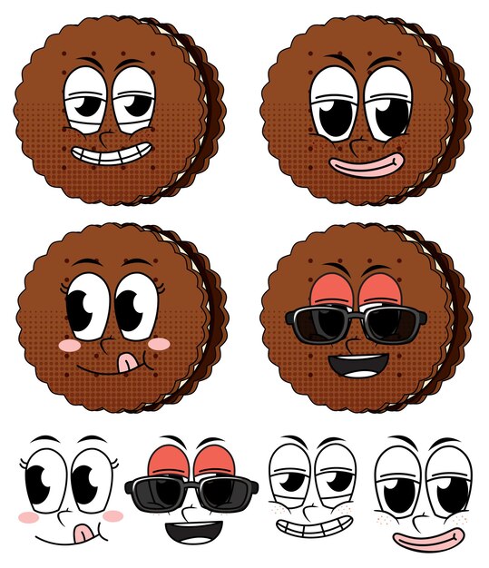 Conjunto de dibujos animados de estilo vintage de expresión facial con galleta en w