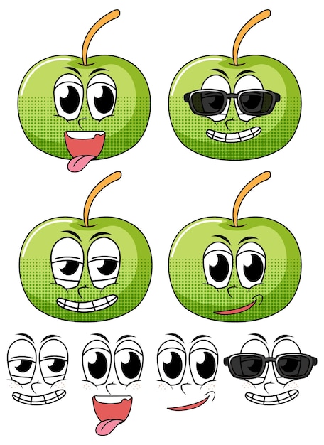 Vector gratuito conjunto de dibujos animados de estilo vintage de expresión facial con manzana en whi