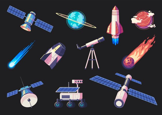 Conjunto de dibujos animados de exploración espacial de naves espaciales aisladas telescopio cuerpos celestes sobre fondo negro ilustración vectorial