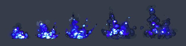 Conjunto de dibujos animados de explosión azul y nubes de humo
