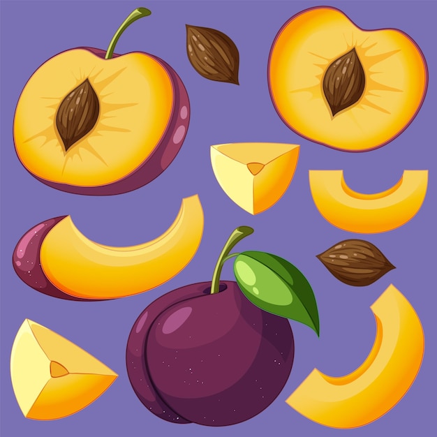 Vector gratuito conjunto de dibujos animados de frutas de ciruela sobre fondo púrpura