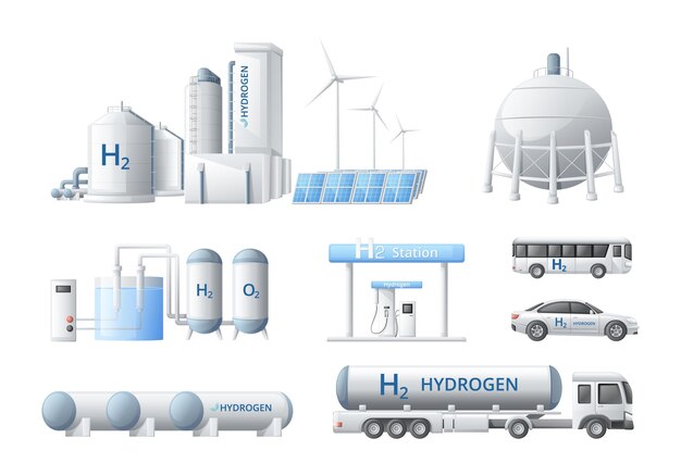 Conjunto de dibujos animados de generación de combustible de energía de hidrógeno verde de composiciones aisladas con vehículos de instalaciones industriales y almacenamiento ilustración vectorial