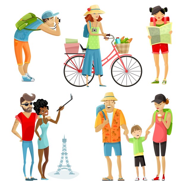 Conjunto de dibujos animados de gente viajando