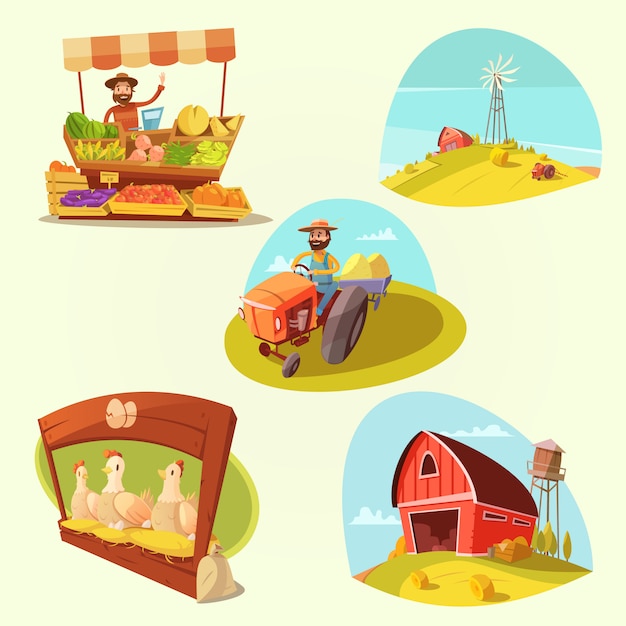 Conjunto de dibujos animados de granja con granjero y productos en fondo amarillo aislado ilustración vectorial