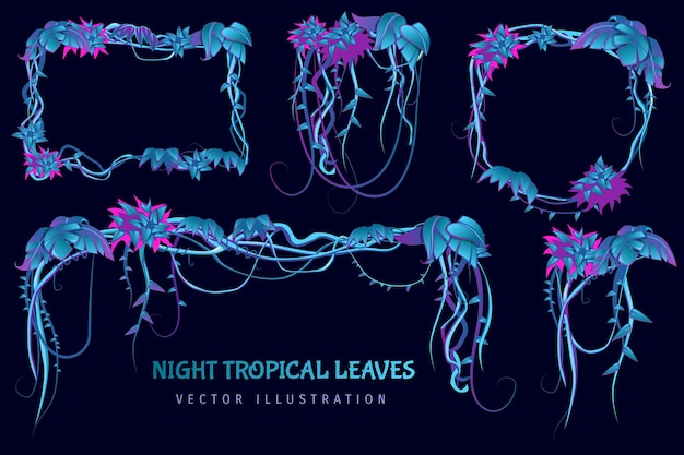 Conjunto de dibujos animados de hojas tropicales de noche con