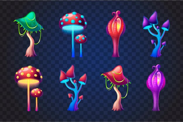 Conjunto de dibujos animados de hongos mágicos de fantasía coloridos aislados en la ilustración de vector de fondo transparente