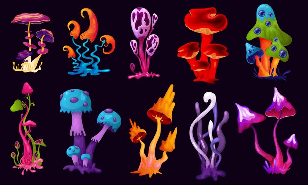 Conjunto de dibujos animados de hongos mágicos psicodélicos de amanita exótica multicolor y setas aisladas en la ilustración de vector de fondo negro
