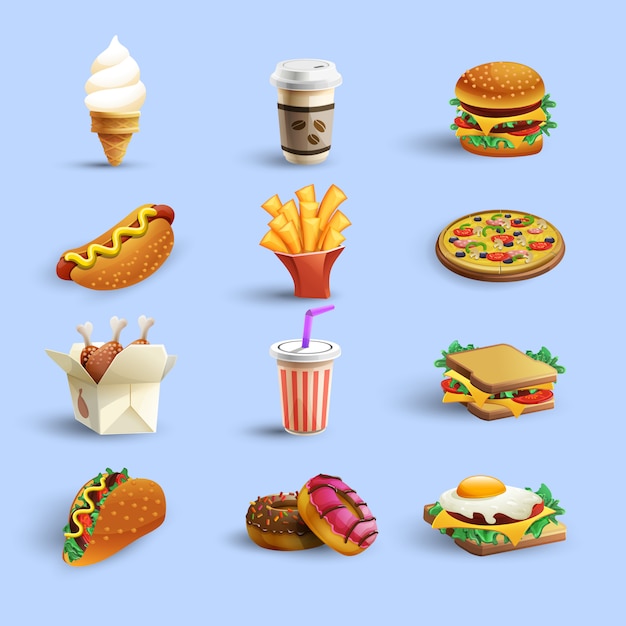 Vector gratuito conjunto de dibujos animados de iconos de comida rápida