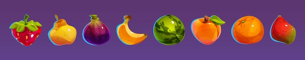 Vector gratuito conjunto de dibujos animados de iconos de frutas de casino aislados en el fondo