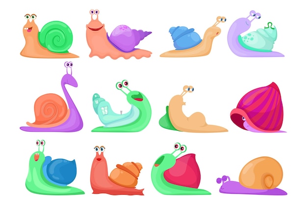 Conjunto de dibujos animados de ilustración de personajes de caracol colorido