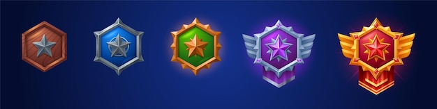 Conjunto de dibujos animados de insignias de juego de diferente rango