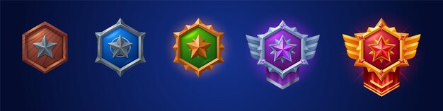 Conjunto de dibujos animados de insignias de juego de diferente rango