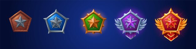 Conjunto de dibujos animados de insignias de juego de diferente rango