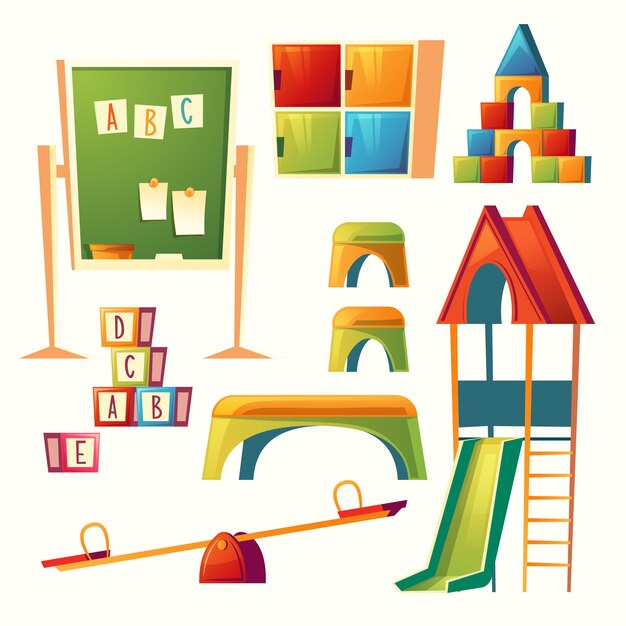 conjunto de dibujos animados jardín de infantes, juegos infantiles. Educación preescolar
