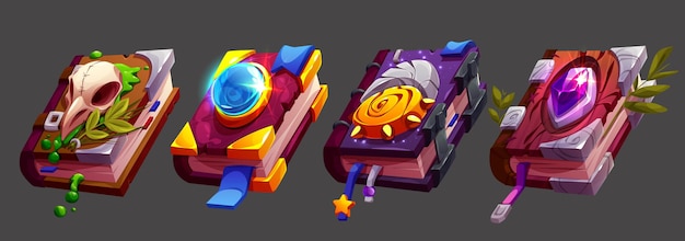 Conjunto de dibujos animados de libros de hechizos mágicos en el fondo
