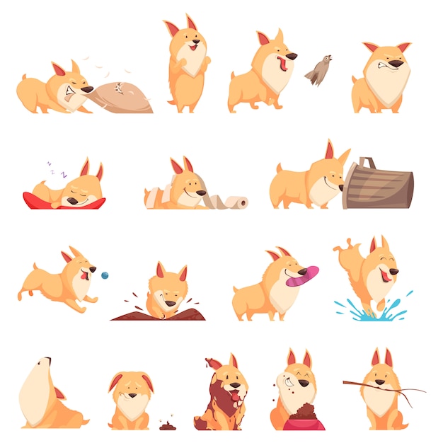 Vector gratuito conjunto de dibujos animados lindo cachorro de diferentes situaciones