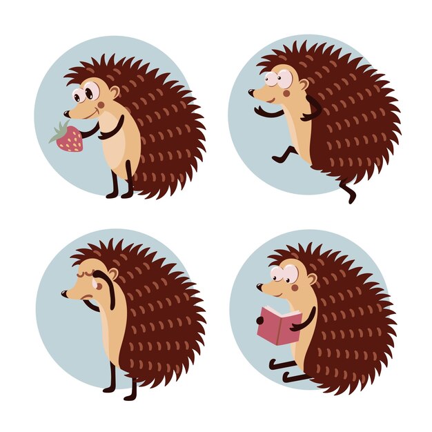 Conjunto de dibujos animados lindo personaje de erizo leyendo libro llorando sosteniendo fresa corriendo