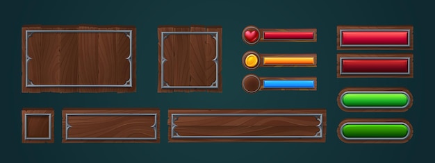 Conjunto de dibujos animados de marcos de madera para el diseño de la interfaz de usuario del juego