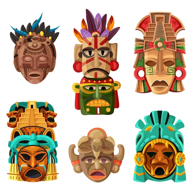 Conjunto de dibujos animados de máscara maya