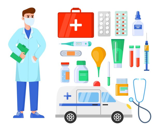 Conjunto de dibujos animados médico masculino y equipo médico. Personaje de GP especialista o terapeuta en máscara facial con herramientas, medicamentos, pastillas, conjunto de colección de meicines. Salud, concepto de profesión