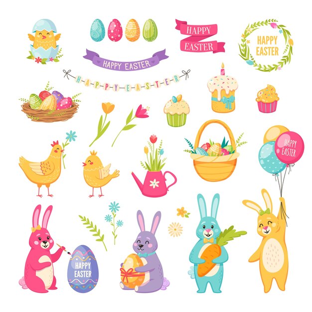 Conjunto de dibujos animados de Pascua con globos de pastel y huevos aislados ilustración vectorial