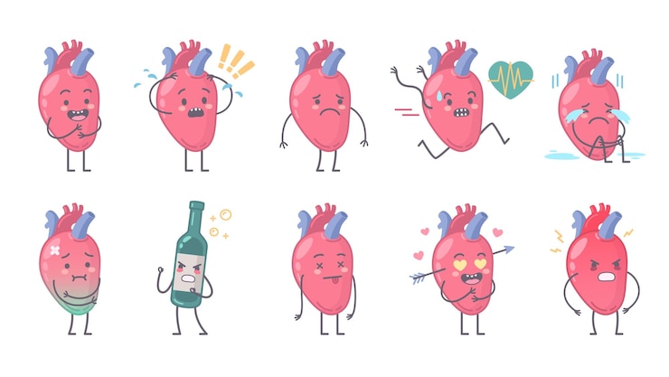 Vector gratuito conjunto de dibujos animados de personajes de órganos humanos con imágenes aisladas de corazón humano anatómico con ilustración de vector de cara y extremidades