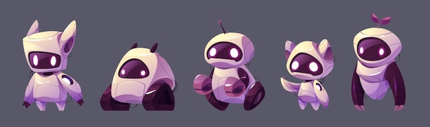 Conjunto de dibujos animados de personajes robot aislados en el fondo Ilustración vectorial de cyborgs ai futuristas con ruedas, pistas, cables, ojos de luz led en la cara y los brazos de la pantalla Desarrollo de tecnología moderna