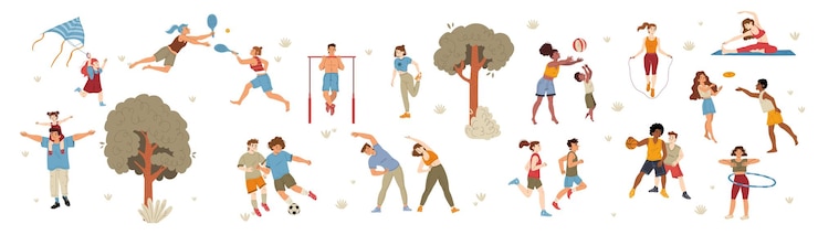 Vector gratuito conjunto de dibujos animados de personas disfrutando de actividades al aire libre