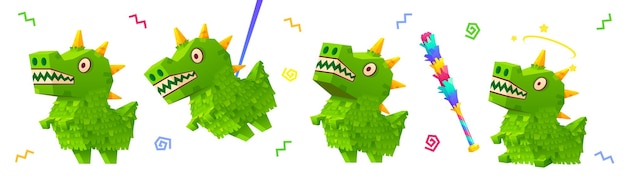 Conjunto de dibujos animados de piñata de dinosaurio verde y murciélago