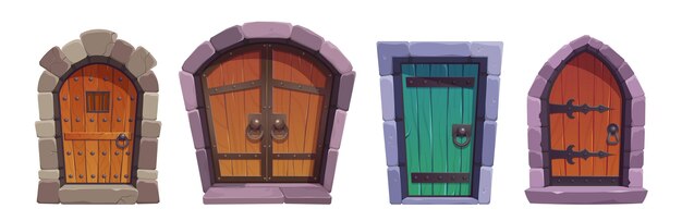 Conjunto de dibujos animados de puertas de castillo medieval en blanco