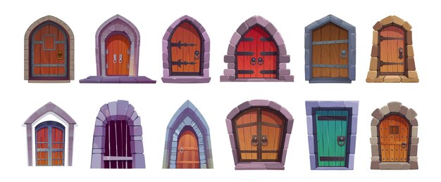 Conjunto de dibujos animados de puertas de castillo medieval