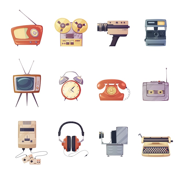 Vector gratuito conjunto de dibujos animados retro gadgets de medios de entretenimiento colorido dispositivos tecnológicos aislado vector ilust