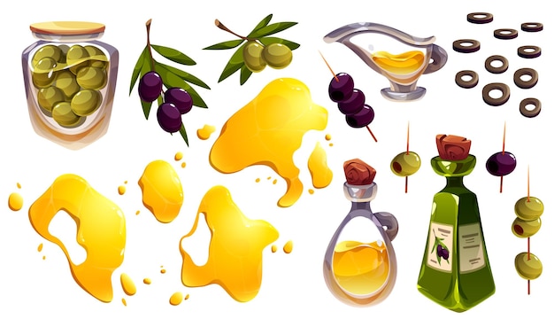 Vector gratuito conjunto de dibujos animados de salpicaduras de aceite de ramas de olivo