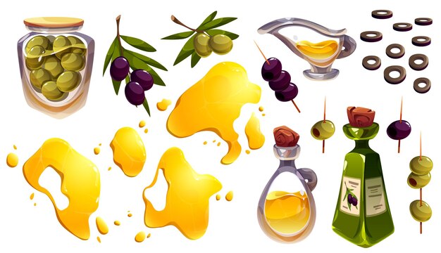 Conjunto de dibujos animados de salpicaduras de aceite de ramas de olivo
