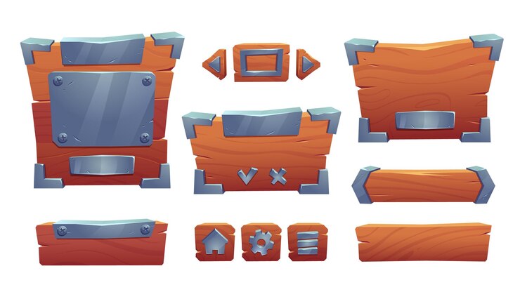 Vector gratuito conjunto de dibujos animados de tableros de interfaz de usuario de juego de madera y hierro