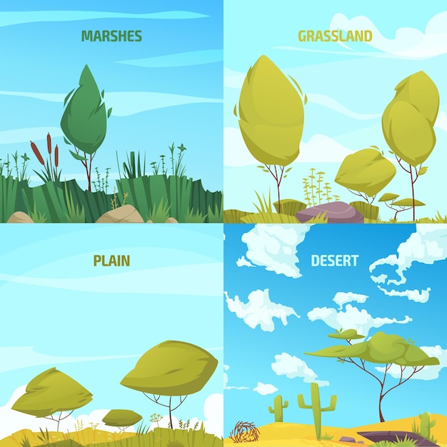 Vector gratuito conjunto de dibujos animados de tipos de ecosistemas con composiciones de sistemas de pantanos y pastizales ilustraciones vectoriales aisladas