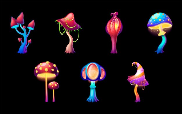 Conjunto de dibujos animados de varios hongos mágicos brillantes sobre fondo negro ilustración vectorial aislada
