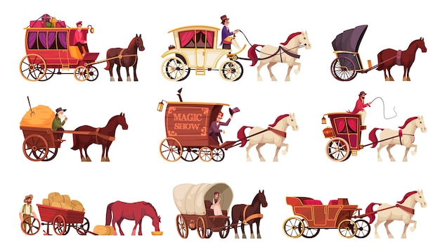 Conjunto de dibujos animados de vehículos tirados por caballos de animales en arnés para trabajar en rancho o transporte de personas ilustración vectorial aislada